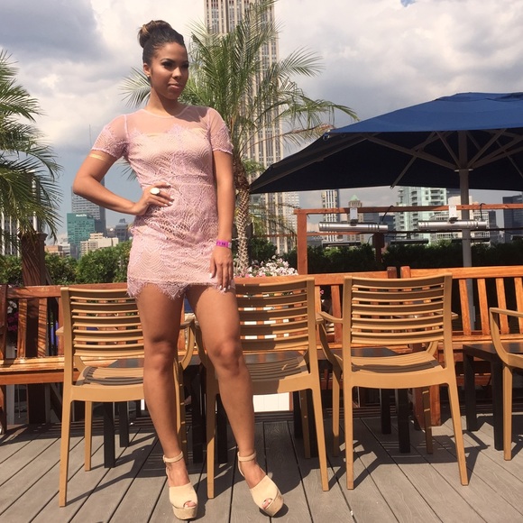 Lavender & nude lace cocktail dress