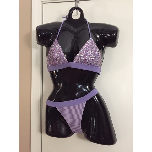 VS Purple Sequin top and Striped bottom swimsuit