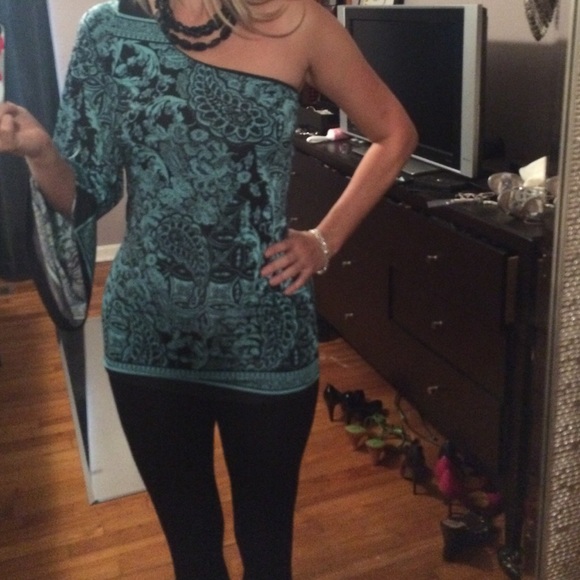 One shoulder teal and black top