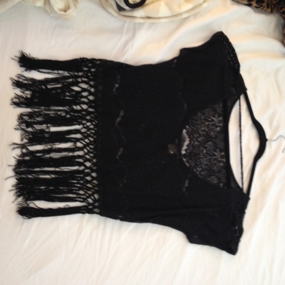 Black lace, fringe bottom crop top