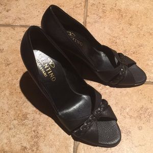 Valentino black leather wedge with peep toe
