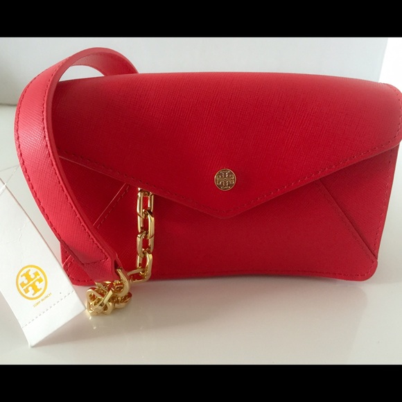 NWT Tory Burch Envelope Black Crossbody Bag - Red