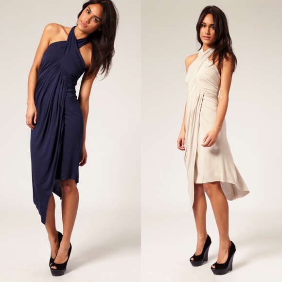 [ASOS] Drapey Halter Dress in Navy or Stone, Sz 6