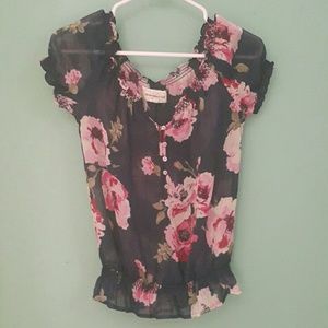 Sheer navy floral peasant top