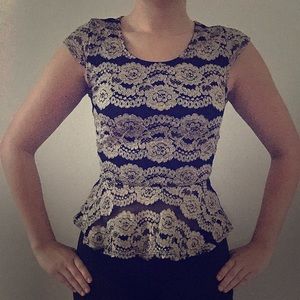 Black and gold lace peplum top