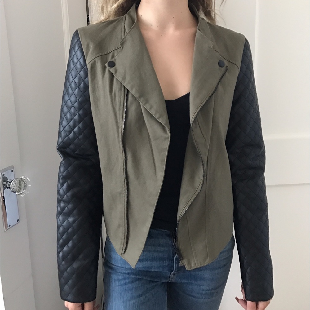 Army green jacket fake leather sleeves