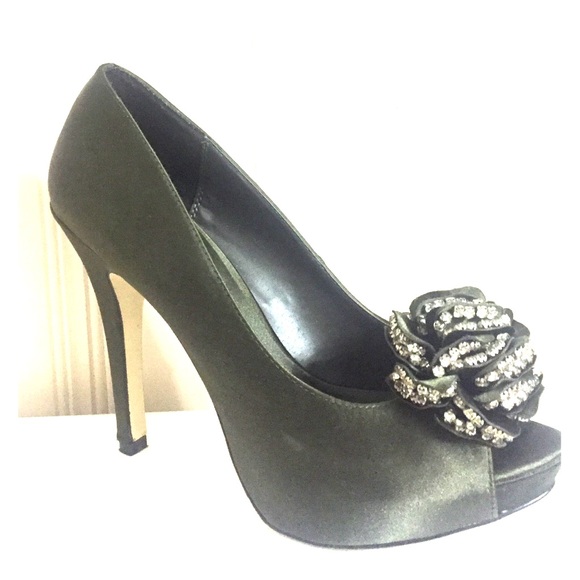 Olive green satin heels with embellished blooms