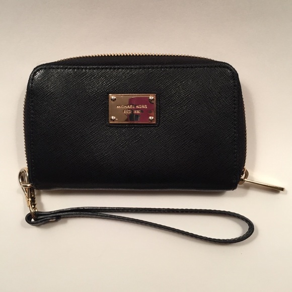 Saffiano black wristlet wallet and I Phone case.
