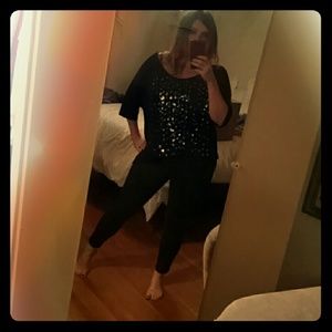 Leopard with silver sequin basball long sleeve tee