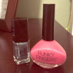 Nail polishes (peach and sparkly green)