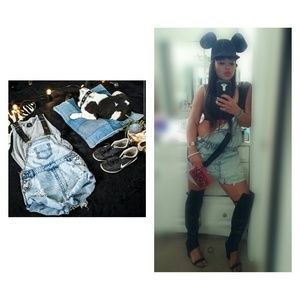 Denim and leather overalls