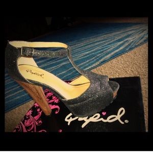 Qupid open toe black glitter heels