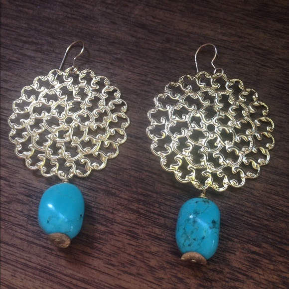 Turquoise and filagree earrings with gold earwire