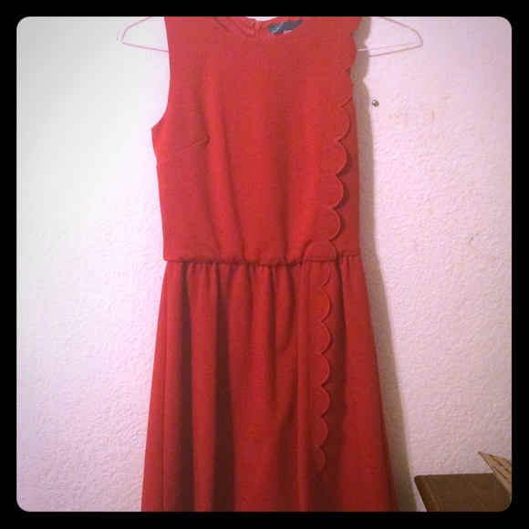 Red Side Scalloped Fit and Flare Dress