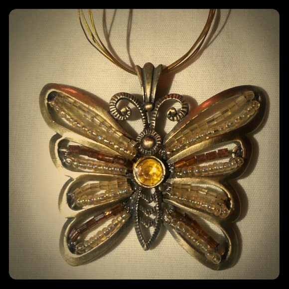 Brown gold Amber beaded butterfly necklace