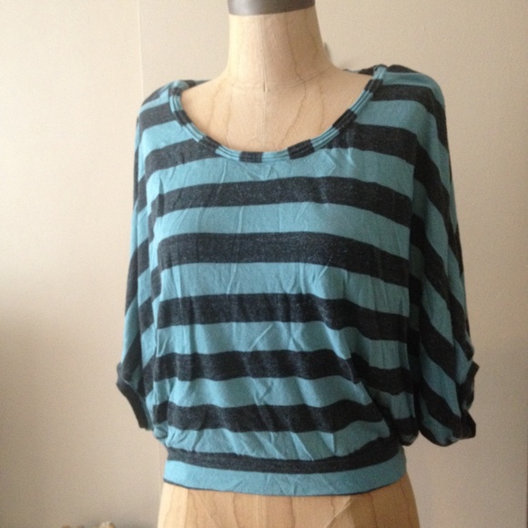 EUC Splendid Turquoise Gray Striped Loose Fit Elbow Sleeve Blouse Top Size XS