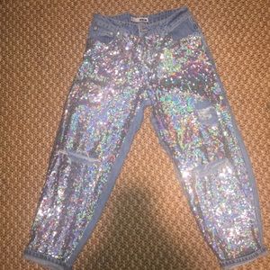 TOPSHOP sequin ripped boyfriend jeans