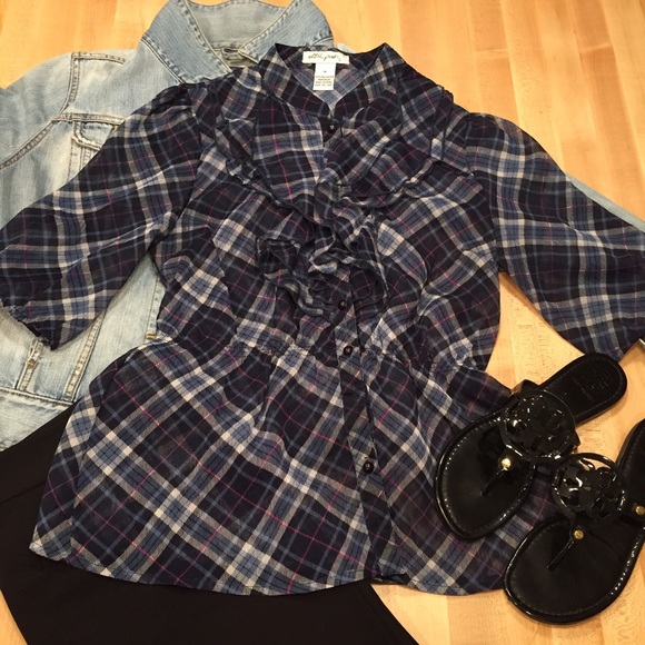 Plaid Ruffle Front Blouse - Picture 1 of 4