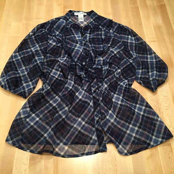 Plaid Ruffle Front Blouse - Picture 2 of 4