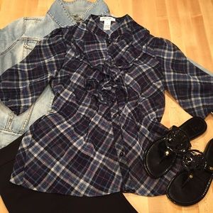 Plaid Ruffle Front Blouse