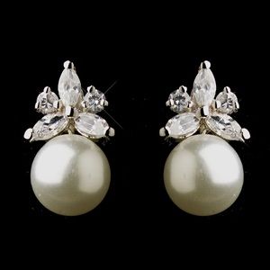 Antique Silver CZ & Pearl Earring Studs - Wedding