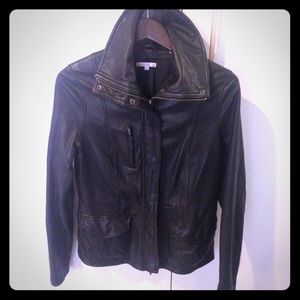REDUCED Vince funnel neck black leather jacket (M)