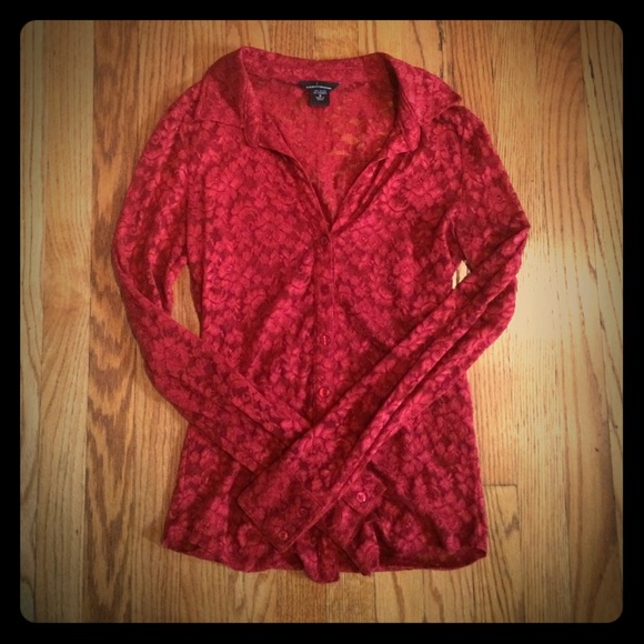 Red floral long sleeve sheer button up