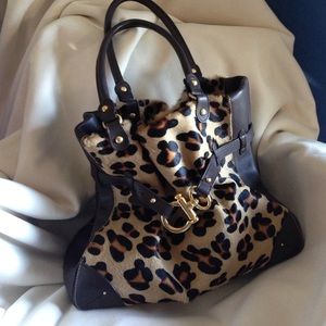 Leopard print calf hair shoulder bag