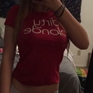 red vintage looking dirty blonde t shirt