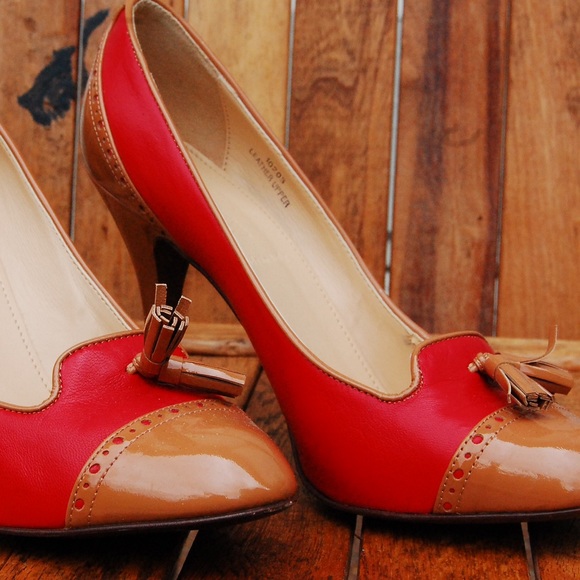 J. Crew red and tan leather heels