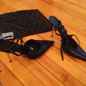 Gucci black double ankle strap w/ silver stilettos