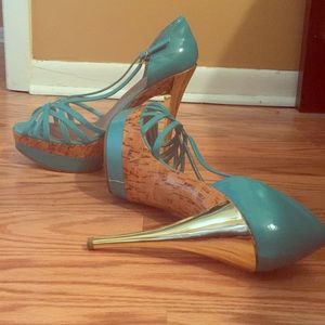 Turquoise and Gold Cork Bakers Heels