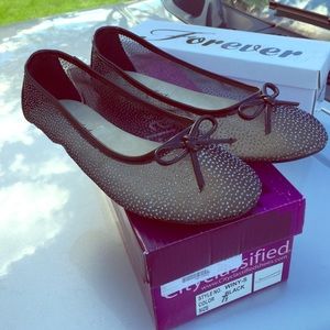 Black, see through, sparkly, flats unworn