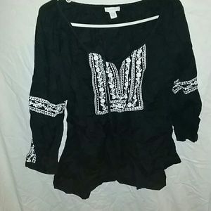 Black floral design blouse with string ties