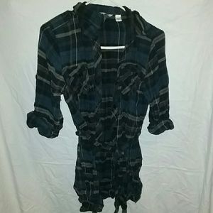 Dark blue multicolor plaid shirt with waist tie
