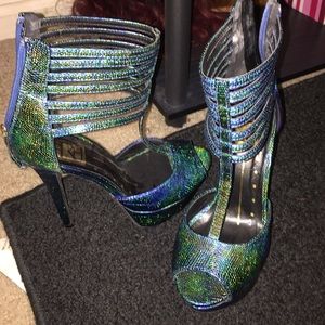 Blue and green metallic snake skin heels