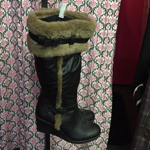 Black  fur trimmed  wide calf wedge knee boots