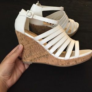 Brand new white strappy wedges, cork