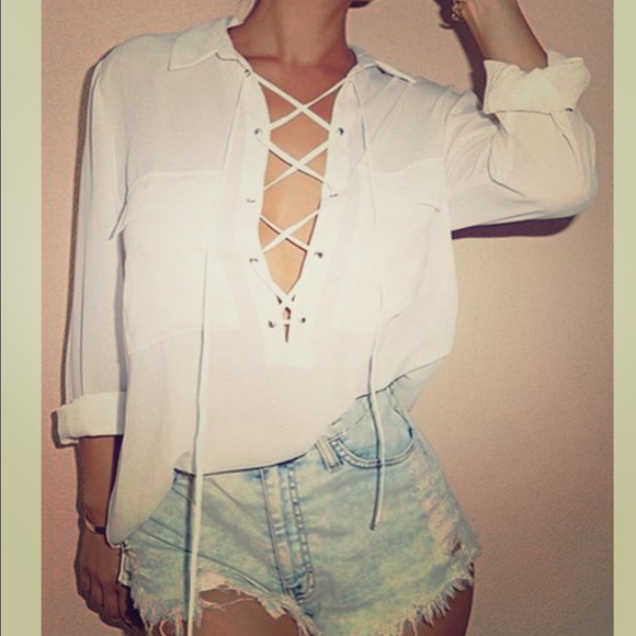 Casual collar tie up white sheer tee "office lady"