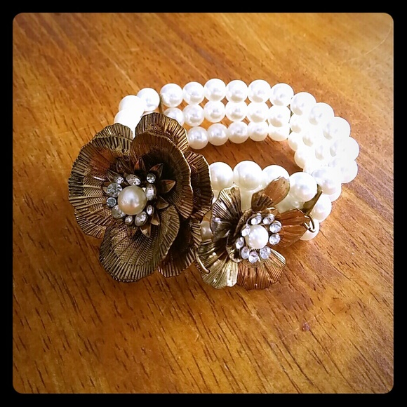 ONE of a KIND White Pearl Bronze Flower Bracelet