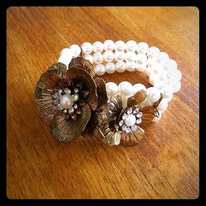 ONE of a KIND White Pearl Bronze Flower Bracelet