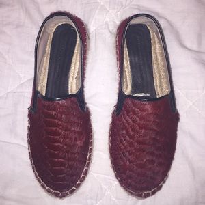 Zara burgundy fur with leather trim espadrilles.