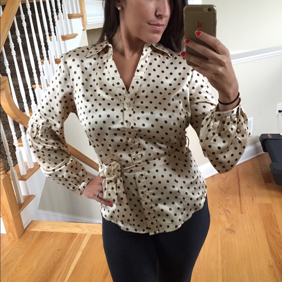 Silky beige button down with brown polka dots - Picture 2 of 2