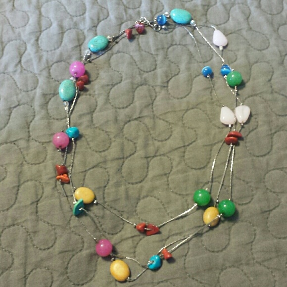 Long multicolor stone and bead necklace