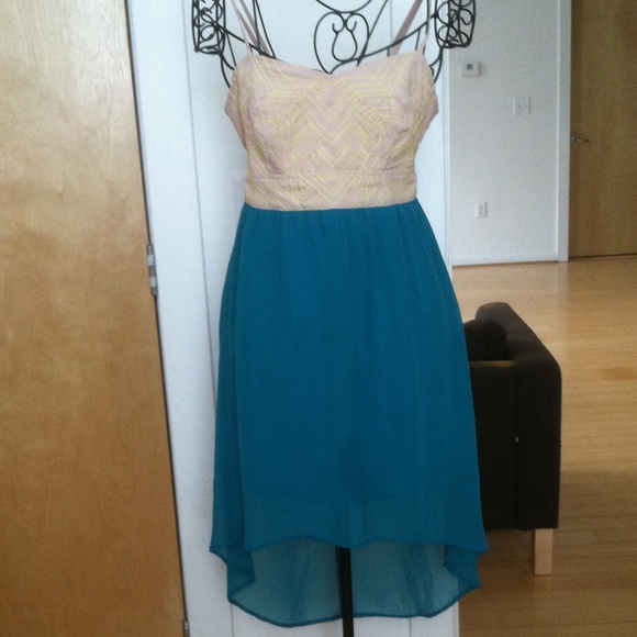 Turquoise and tan high-low dress
