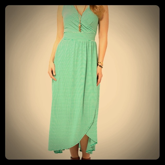 Green and white striped maxi dress