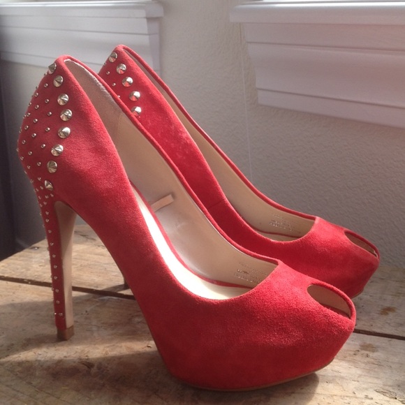 Zara suede coral open-toe heels gold-stud size 36