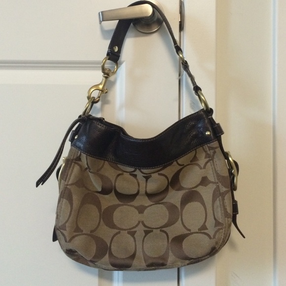 Large Coach Carly Logo Bag Leather Trim Brown