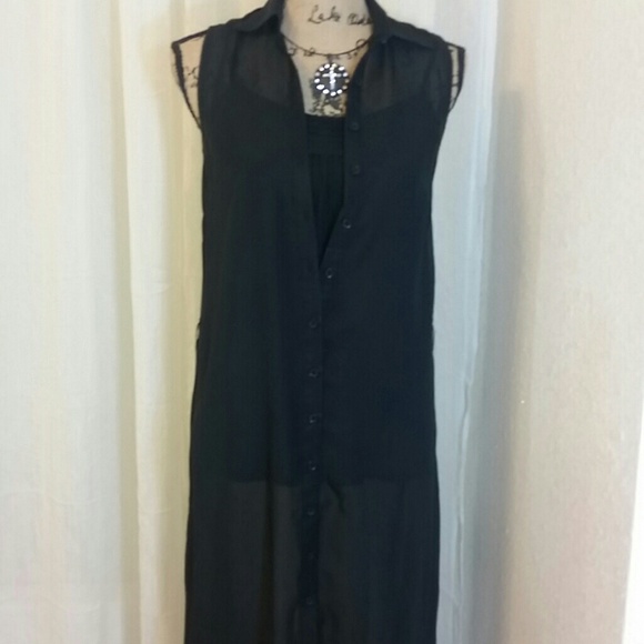Stunning sheer black maxi sleeveless shirt dress