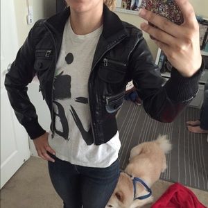 Black faux leather bomber jacket